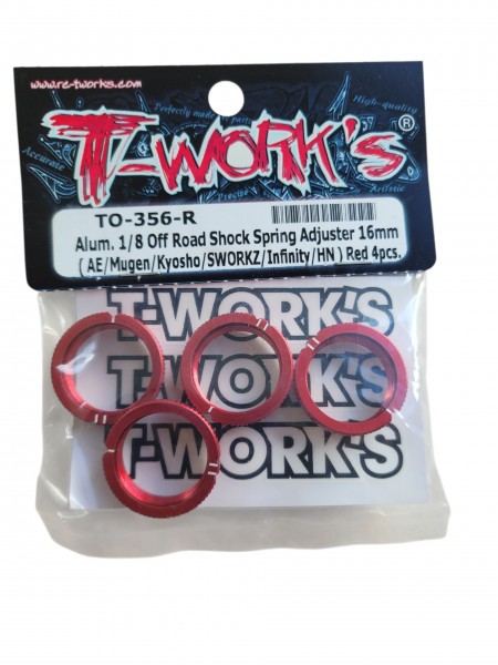 T-Works - RED - Alum. 1/8 Offroad Shock Spring Adjuster 16mm - 4 pcs