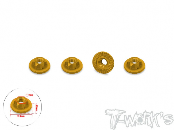 T-Works - Alu Muttern 7mm Sechskant - geriffelt - ultra light weight - 11.9mm Fläche - Gold (4pcs)