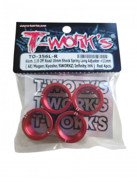 T-Works - RED - 16mm Alum. 1/8 Offroad Shock Spring Long Adjuster +11mm - 4 pcs