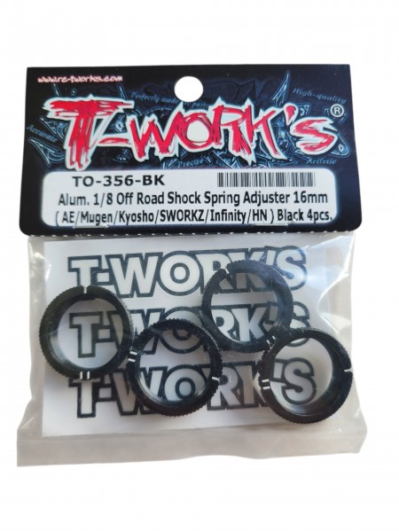 T-Works - BLACK - Alum. 1/8 Offroad Shock Spring Adjuster 16mm - 4 pcs