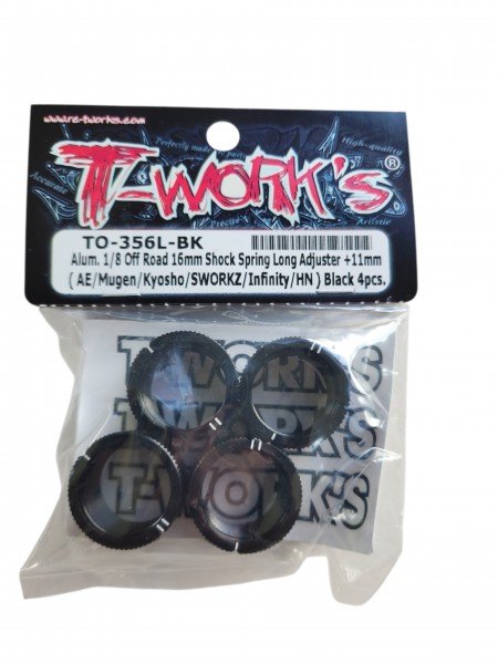 T-Works - BLACK - 16mm Alum. 1/8 Offroad Shock Spring Long Adjuster +11mm - 4 pcs