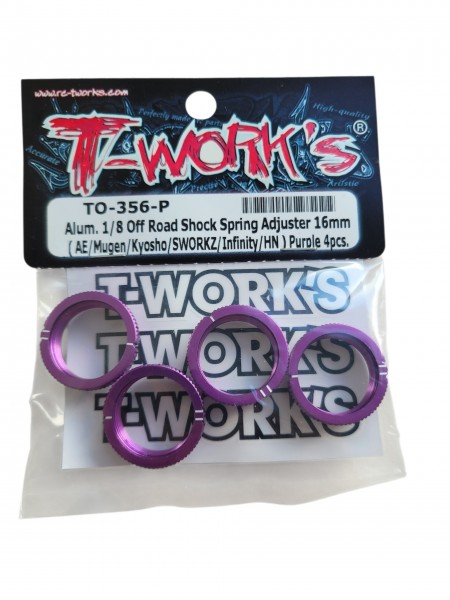 T-Works - PURPLE - Alum. 1/8 Offroad Shock Spring Adjuster 16mm - 4 pcs