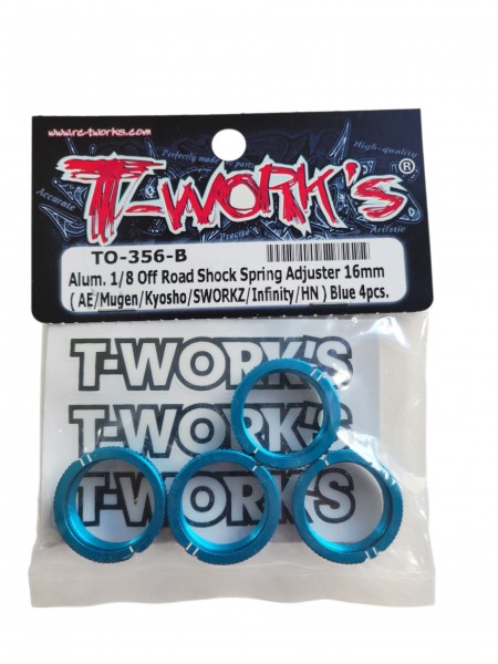 T-Works - BLUE - Alum. 1/8 Offroad Shock Spring Adjuster 16mm - 4 pcs